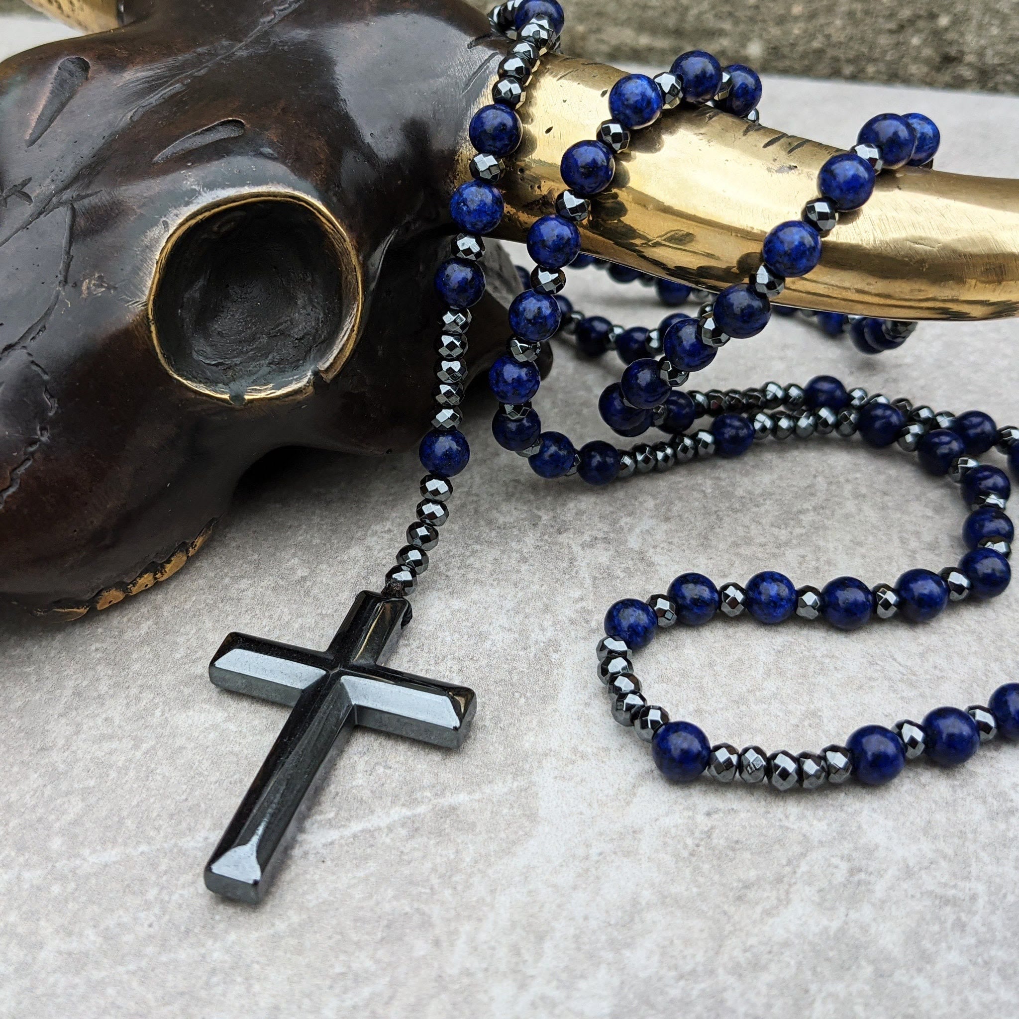 Pánský růženec na krk Orion s křížem, tygří oko nebo lapis lazuli
