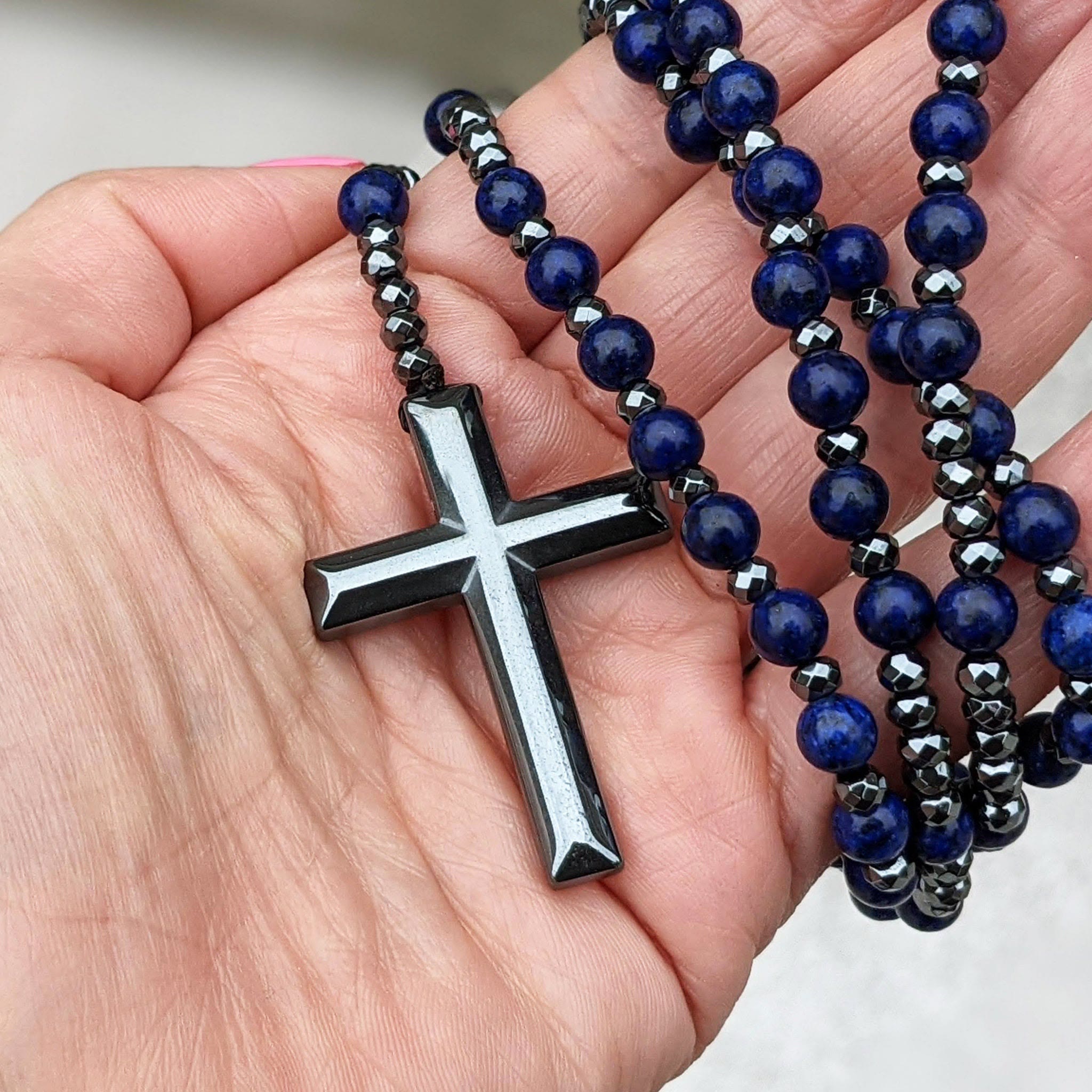 Pánský růženec na krk Orion s křížem, tygří oko nebo lapis lazuli