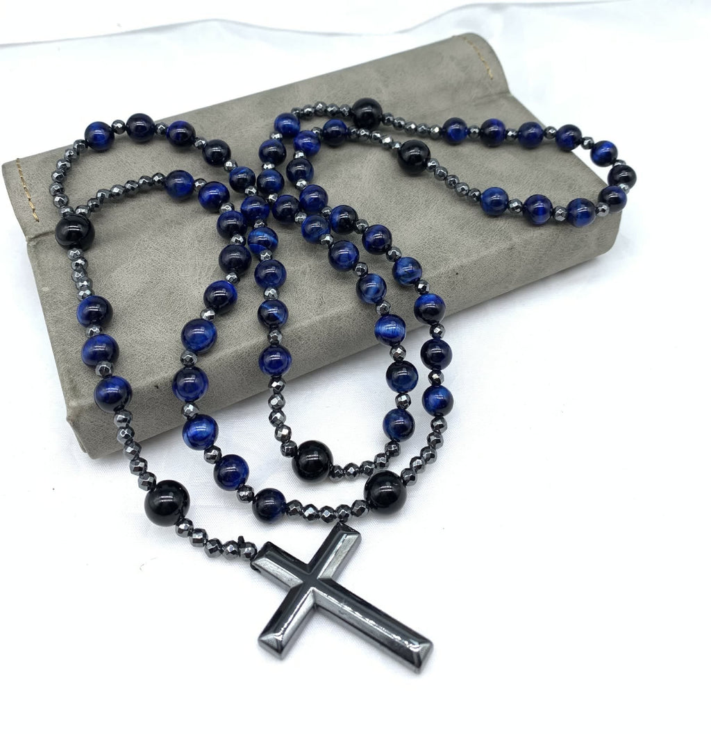 Pánský růženec na krk Orion s křížem, tygří oko nebo lapis lazuli