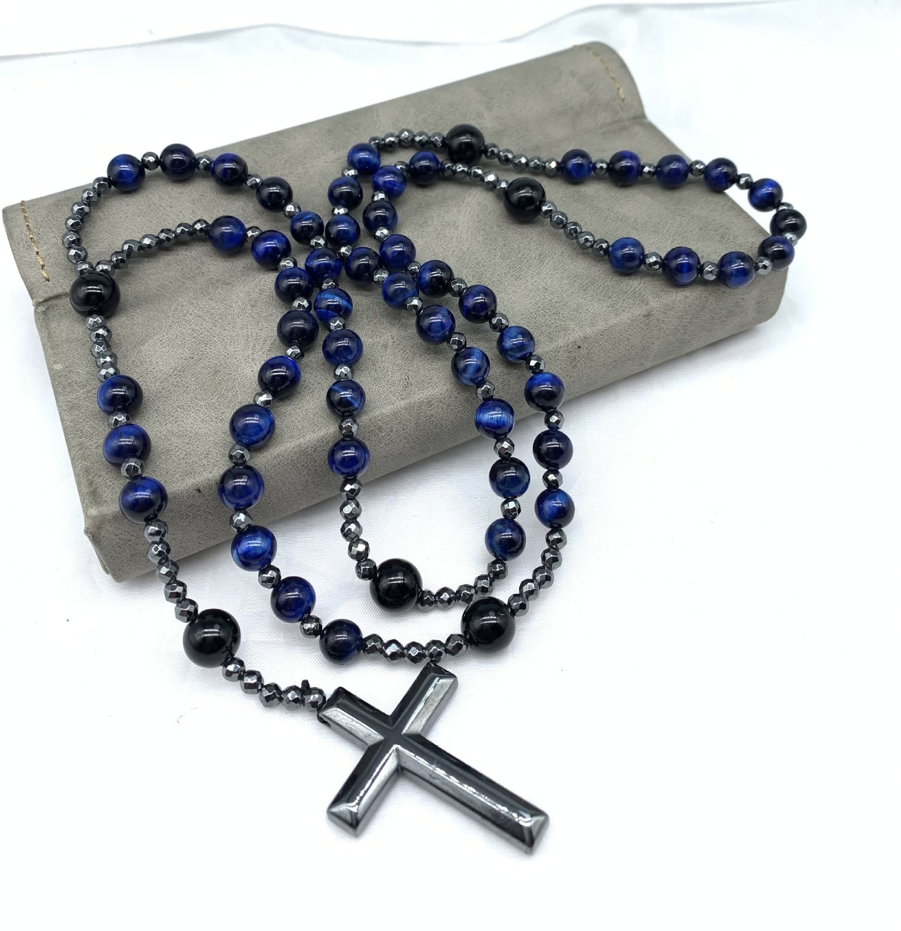 Pánský růženec na krk Orion s křížem, tygří oko nebo lapis lazuli