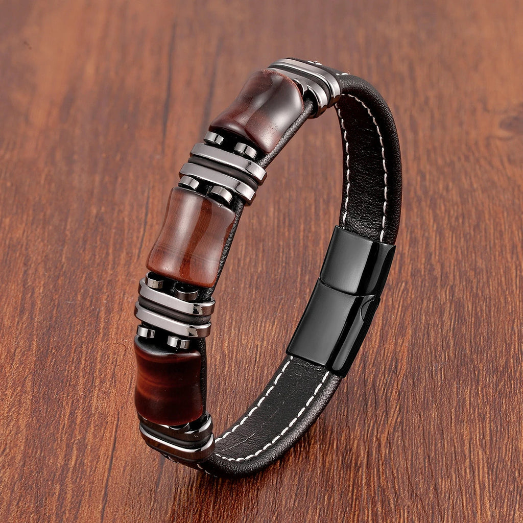 Tigerøje-armbånd i lædersnor til mænd med rosende taljefigur-detalje