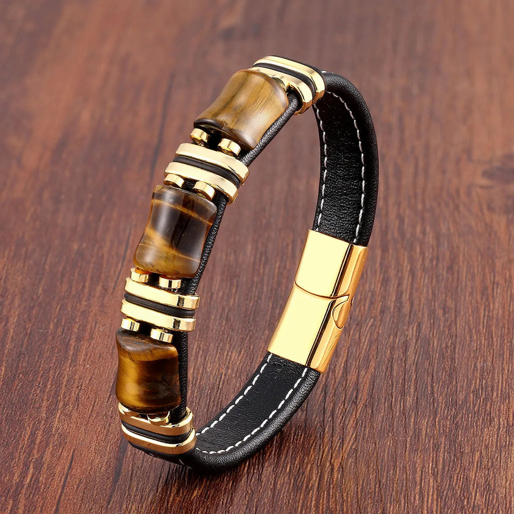 Tigerøje-armbånd i lædersnor til mænd med rosende taljefigur-detalje