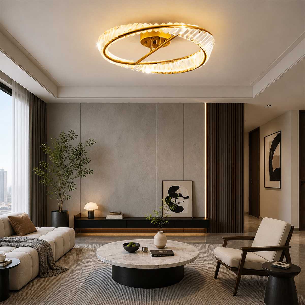 Opulent Crystal Ring Ceiling Lamp With Metal Frame And LED Lighting