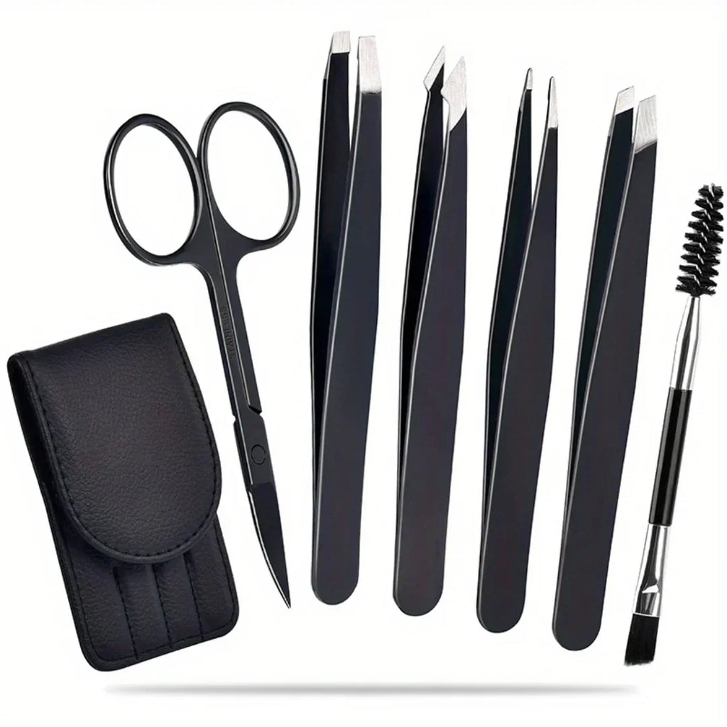 Precision Tweezers Set – 6-piece Eyebrow Kit with Travel Case