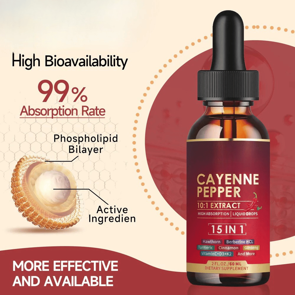 Gouttes liquides de poivre de Cayenne pour une circulation saine et le bien-être quotidien | Fioriscas