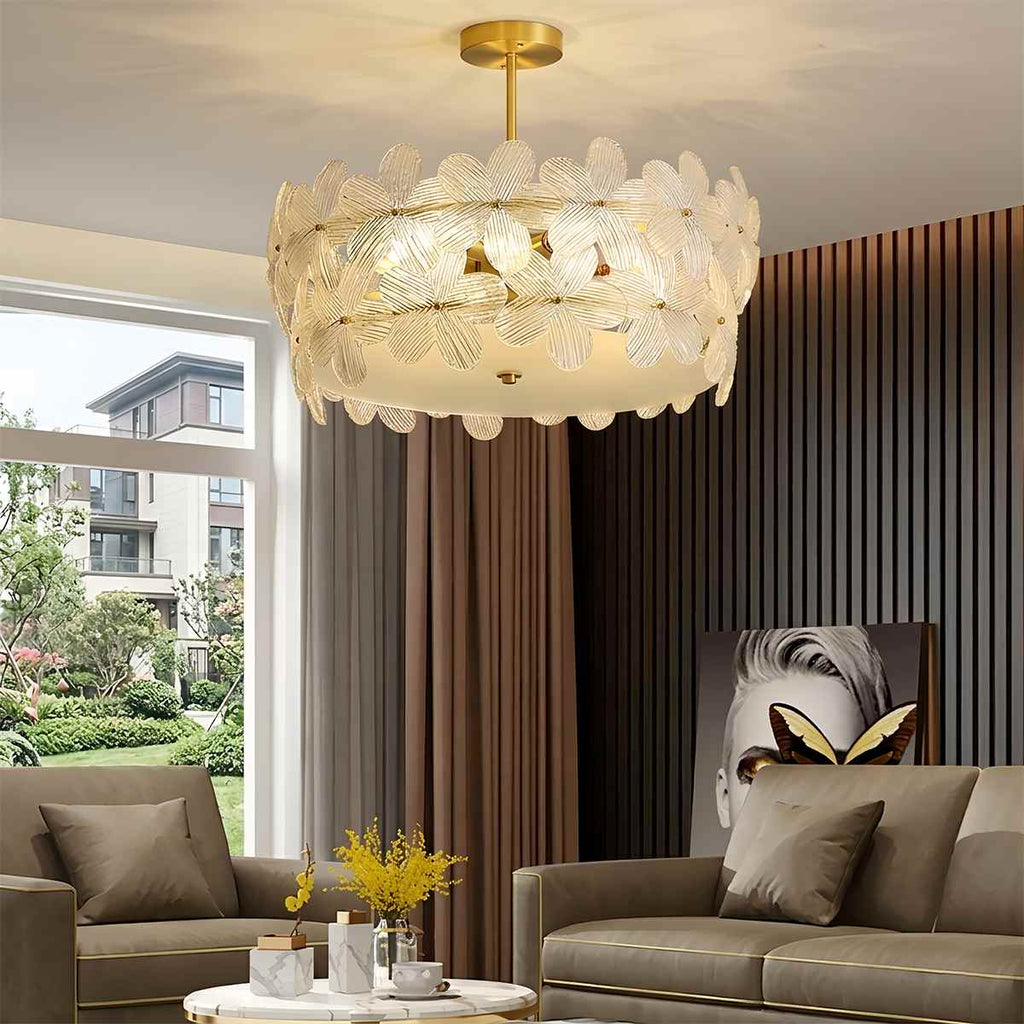 Lampada da Soffitto Copper Blossom in Vetro con Paralume a Petali e Finitura Rame  