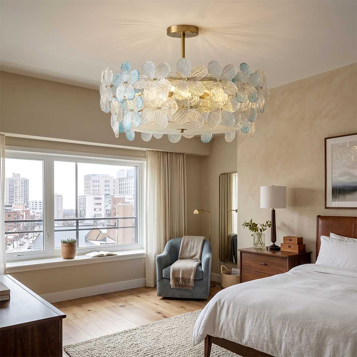 Lampada da Soffitto Copper Blossom in Vetro con Paralume a Petali e Finitura Rame  
