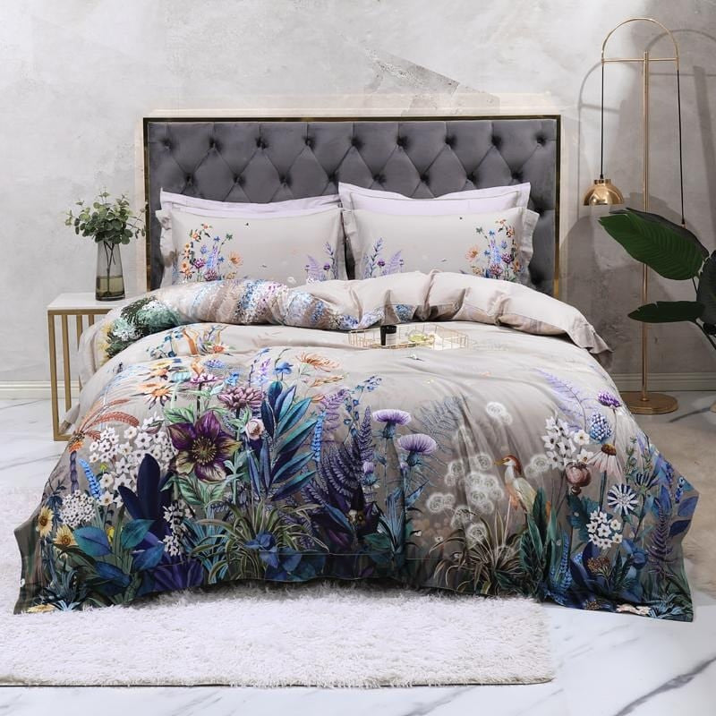 Set di copripiumino, stampa floreale con uccelli Aurelia, cotone egiziano
