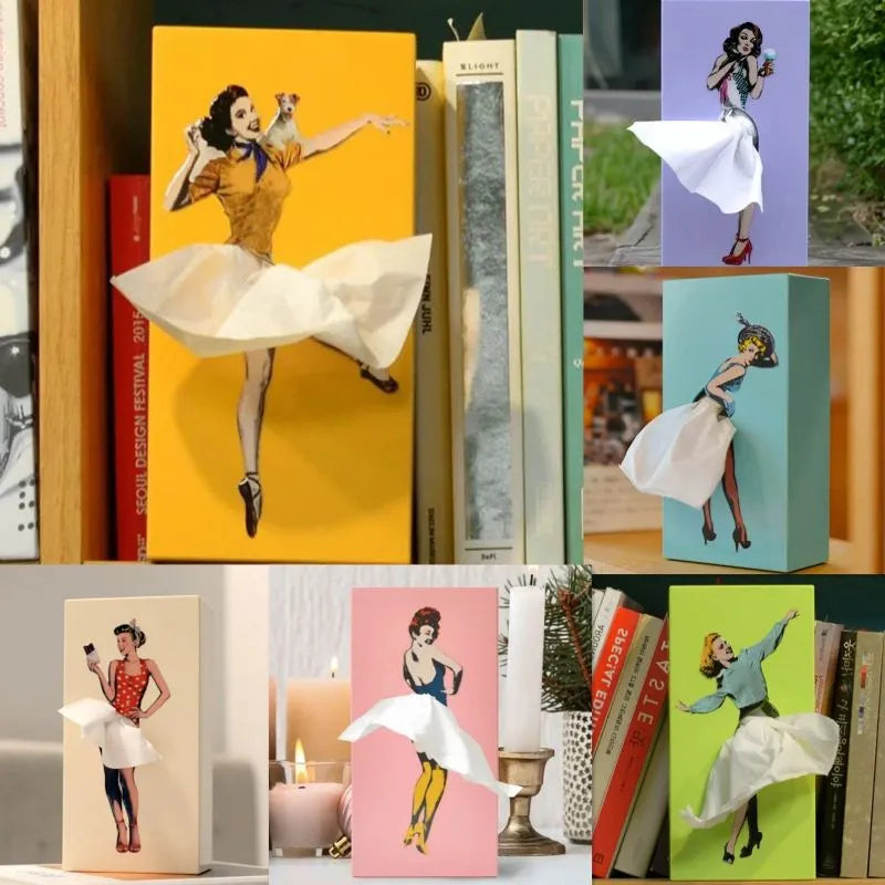 Puinen nenäliinalaatikon suojus retrohenkisellä pin-up-mekon kuvioinnilla, Kevaran muistoesine