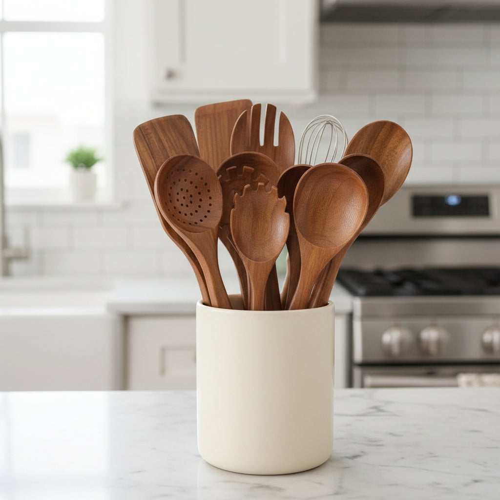 11-piece wooden kitchen utensil set for safe and scratch-free cooking - Fioriscas