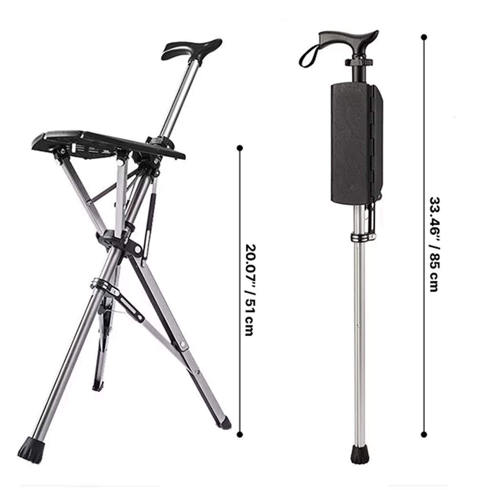 Sammenklappelig stok med nedklappeligt sæde til rejser eller ståpauser