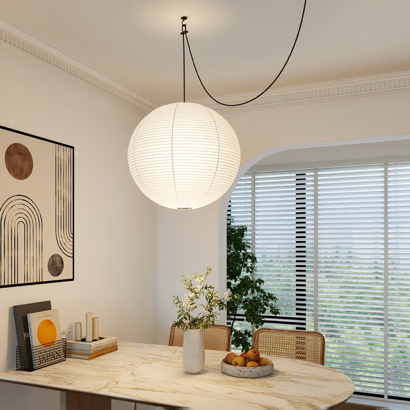 Lumiera rund papperslykta, pendellampa med sladd, vit tråd, japanskinspirerad modernist