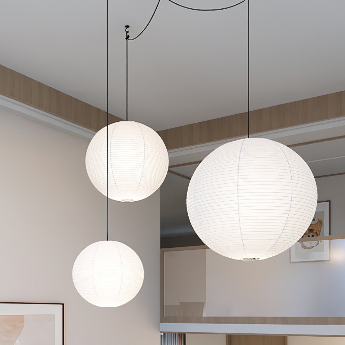 Lumiera rund papperslykta, pendellampa med sladd, vit tråd, japanskinspirerad modernist
