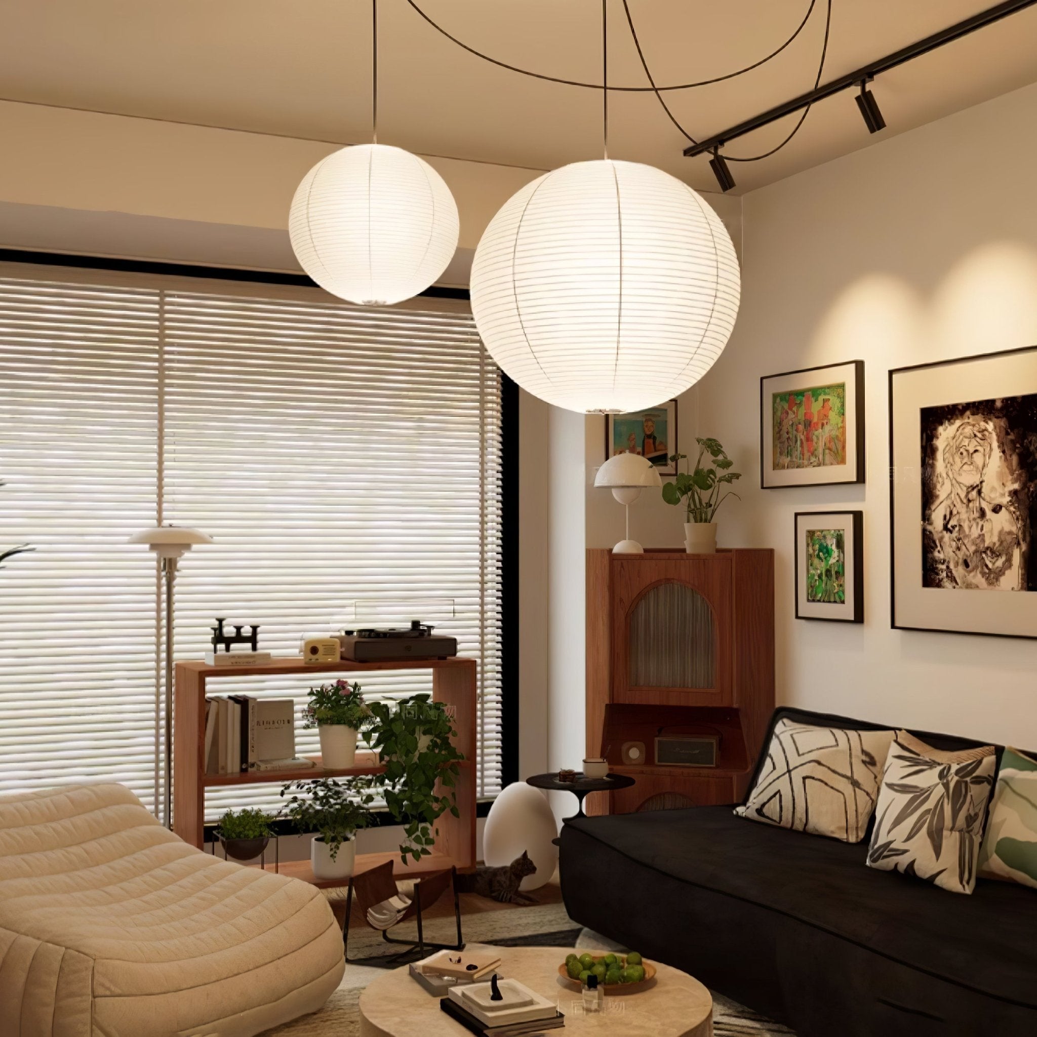 Lumiera rund papperslykta, pendellampa med sladd, vit tråd, japanskinspirerad modernist