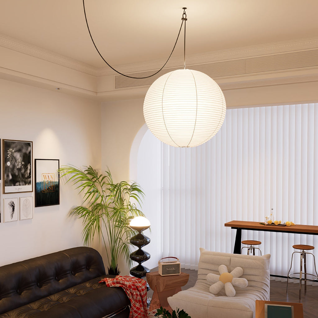 Mid Century Modern Hikari Paper Lantern Pendant Swag Light With Black Cord