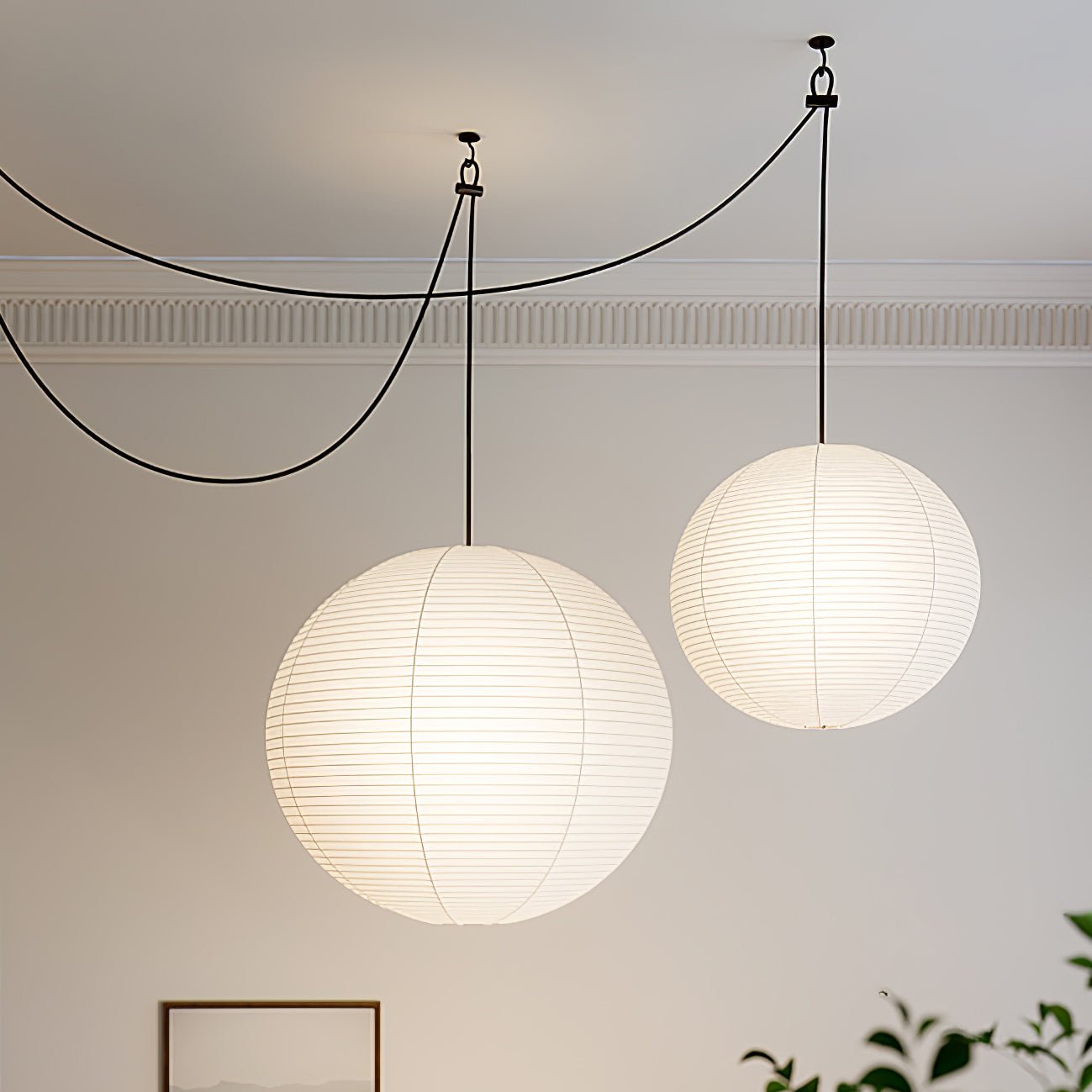 Mid Century Modern Hikari Paper Lantern Pendant Swag Light With Black Cord