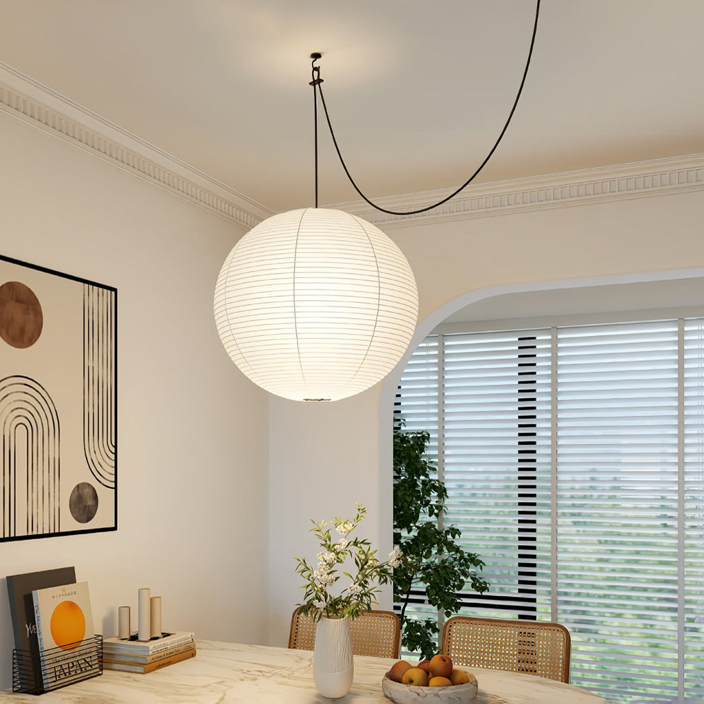 Lumiera rund papperslykta, pendellampa med sladd, vit tråd, japanskinspirerad modernist