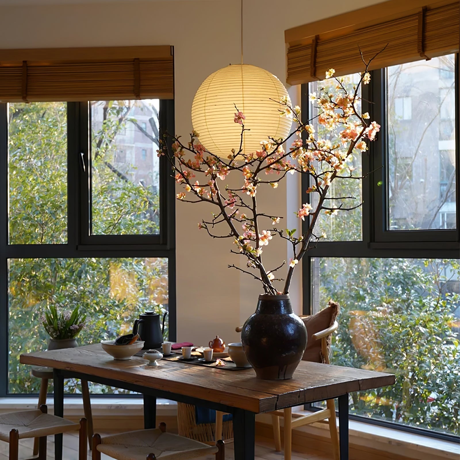 Mid Century Modern Hikari Paper Lantern Pendant Swag Light With Black Cord