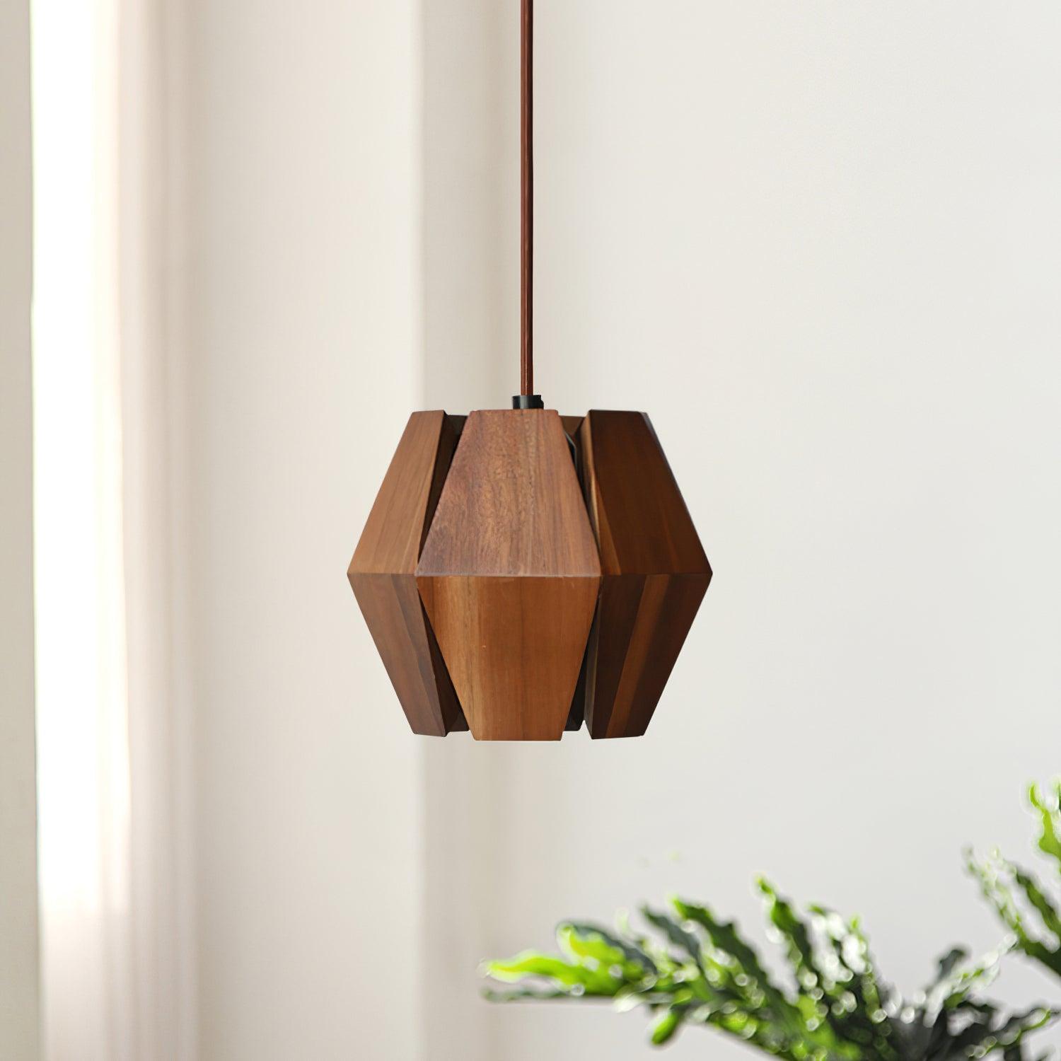 Lampada a sospensione con paralume geometrico in legno, luce calda, stile nordico minimalista, accento | Fioriscas
