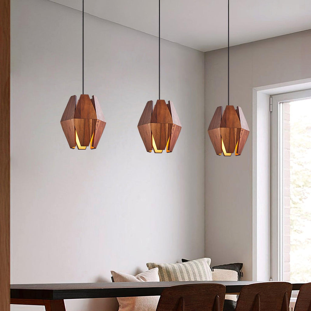 Lampada a sospensione con paralume geometrico in legno, luce calda, stile nordico minimalista, accento | Fioriscas