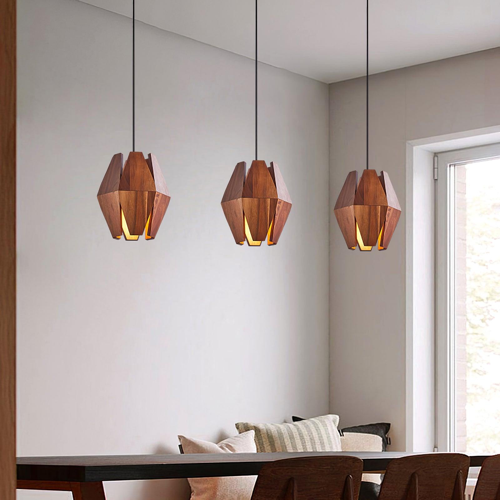 Lampada a sospensione con paralume geometrico in legno, luce calda, stile nordico minimalista, accento | Fioriscas