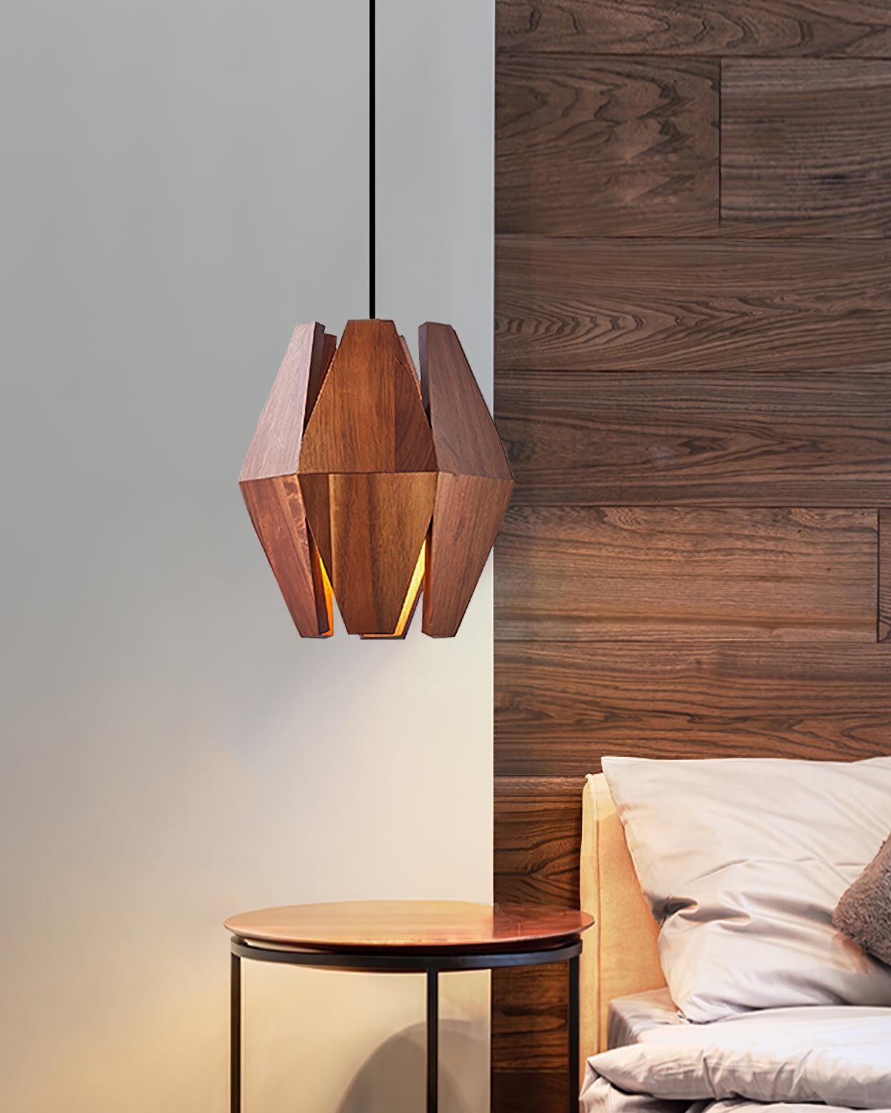 Lampada a sospensione con paralume geometrico in legno, luce calda, stile nordico minimalista, accento | Fioriscas