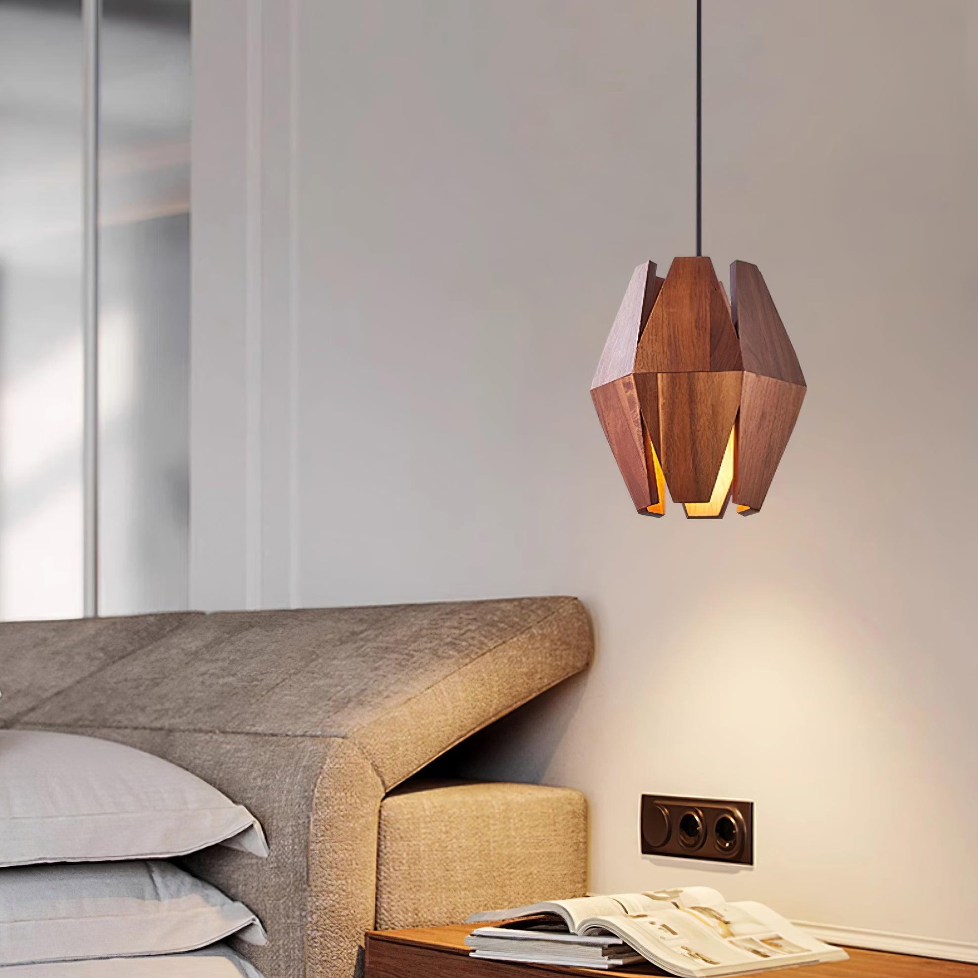 Lampada a sospensione con paralume geometrico in legno, luce calda, stile nordico minimalista, accento | Fioriscas