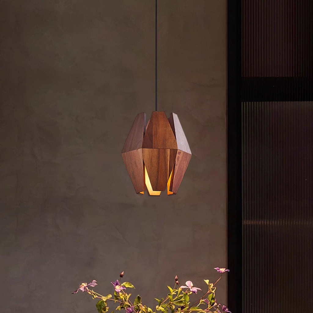 Lampada a sospensione con paralume geometrico in legno, luce calda, stile nordico minimalista, accento | Fioriscas