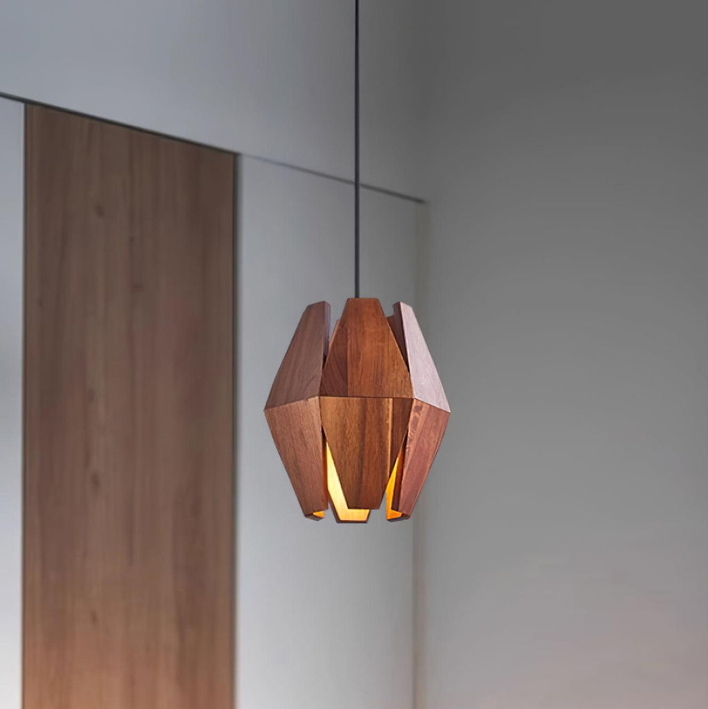 Lampada a sospensione con paralume geometrico in legno, luce calda, stile nordico minimalista, accento | Fioriscas