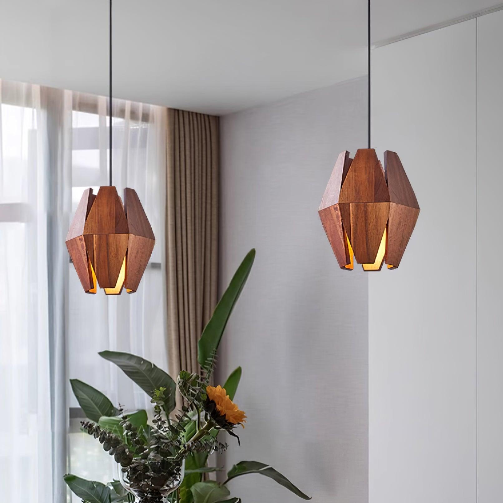 Lampada a sospensione con paralume geometrico in legno, luce calda, stile nordico minimalista, accento | Fioriscas