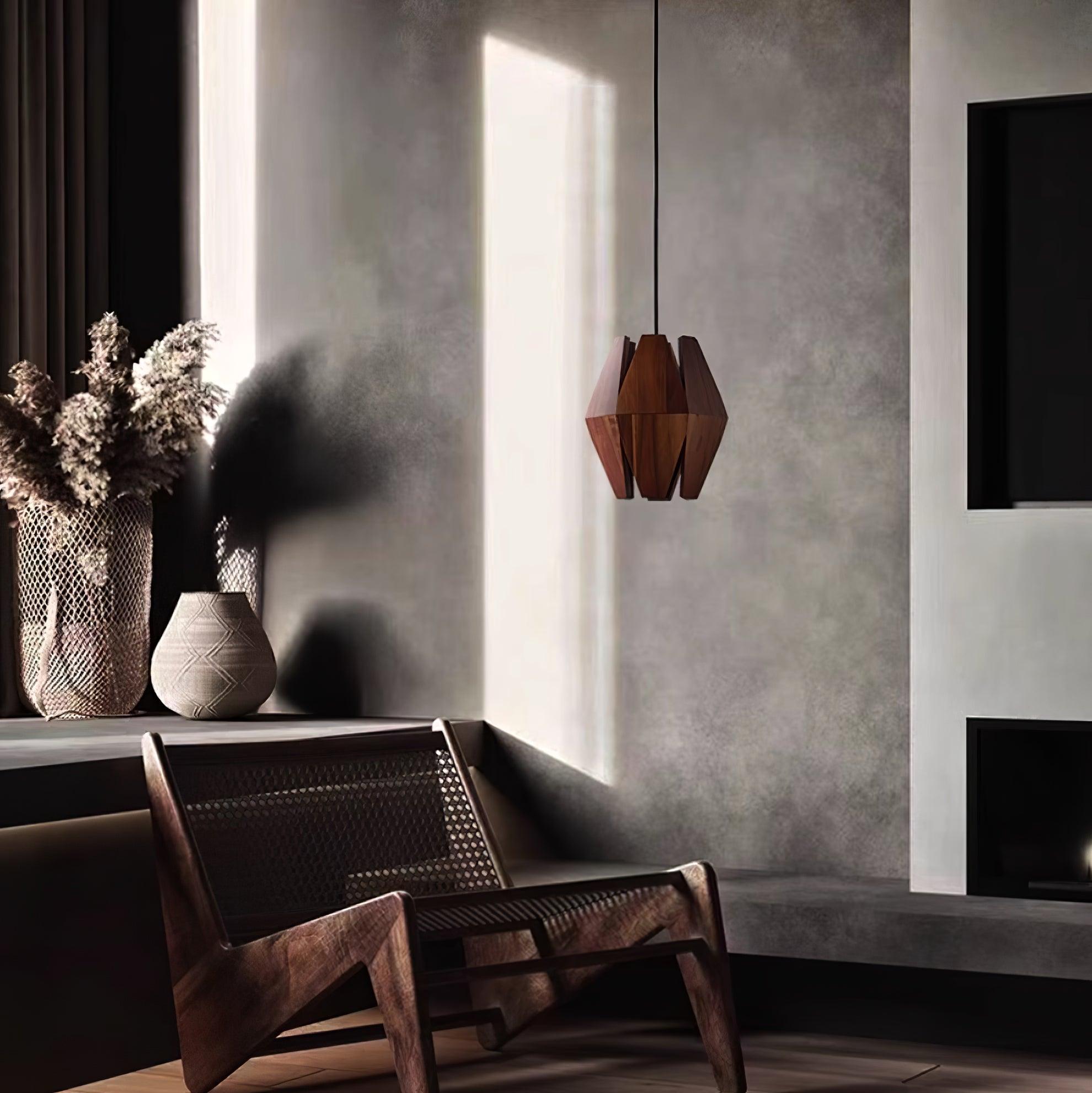Lampada a sospensione con paralume geometrico in legno, luce calda, stile nordico minimalista, accento | Fioriscas