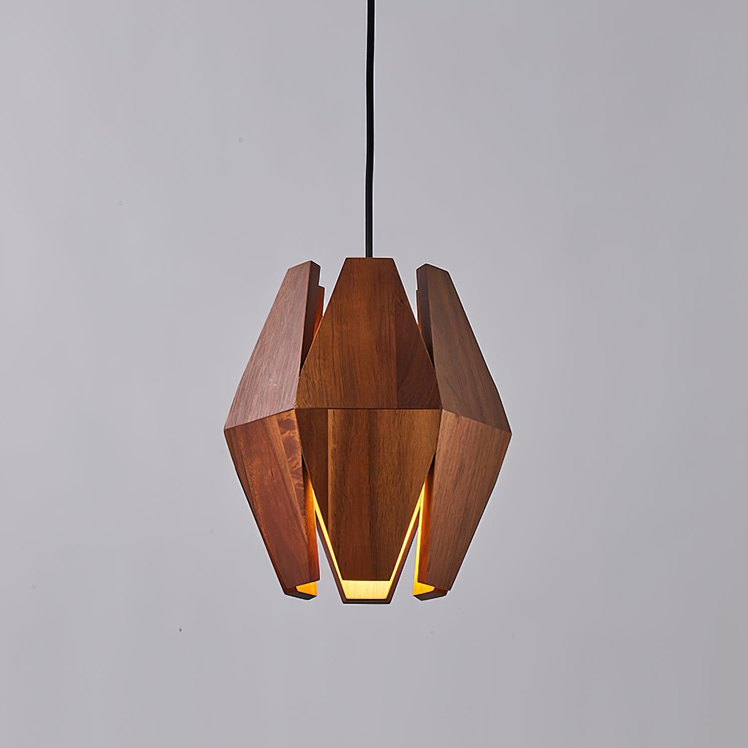 Lampada a sospensione con paralume geometrico in legno, luce calda, stile nordico minimalista, accento | Fioriscas