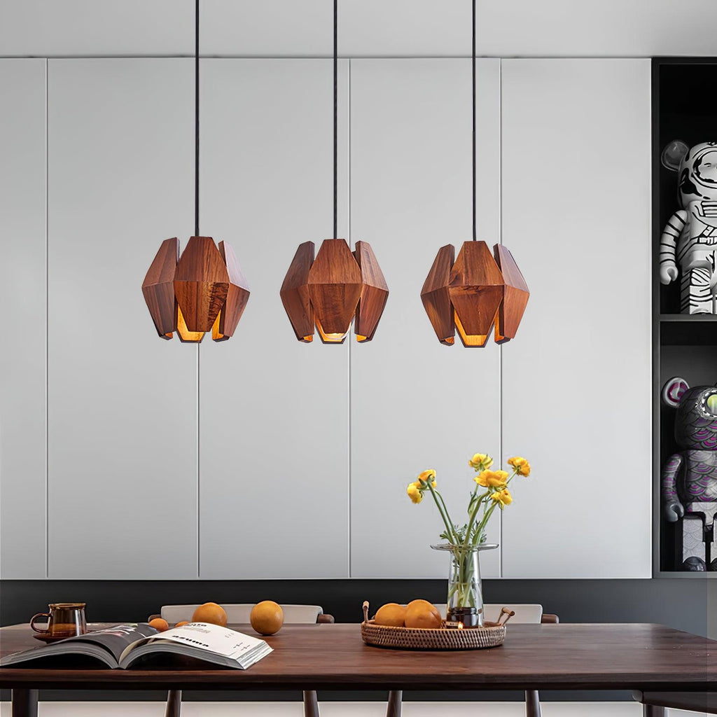Lampada a sospensione con paralume geometrico in legno, luce calda, stile nordico minimalista, accento | Fioriscas