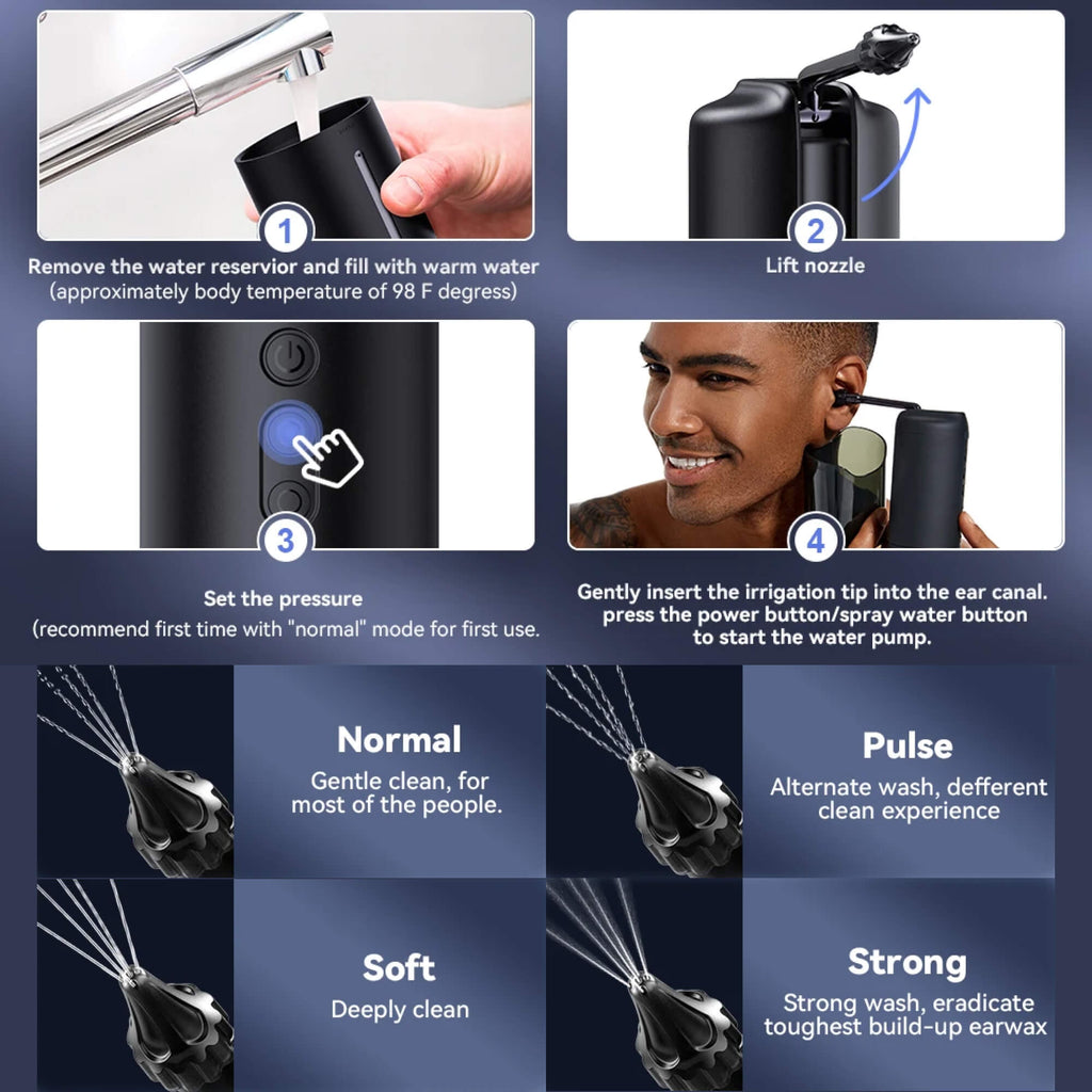 QuellWave Triple Jet -korvienpuhdistushuuhtelusetti, 3 paineasetusta
