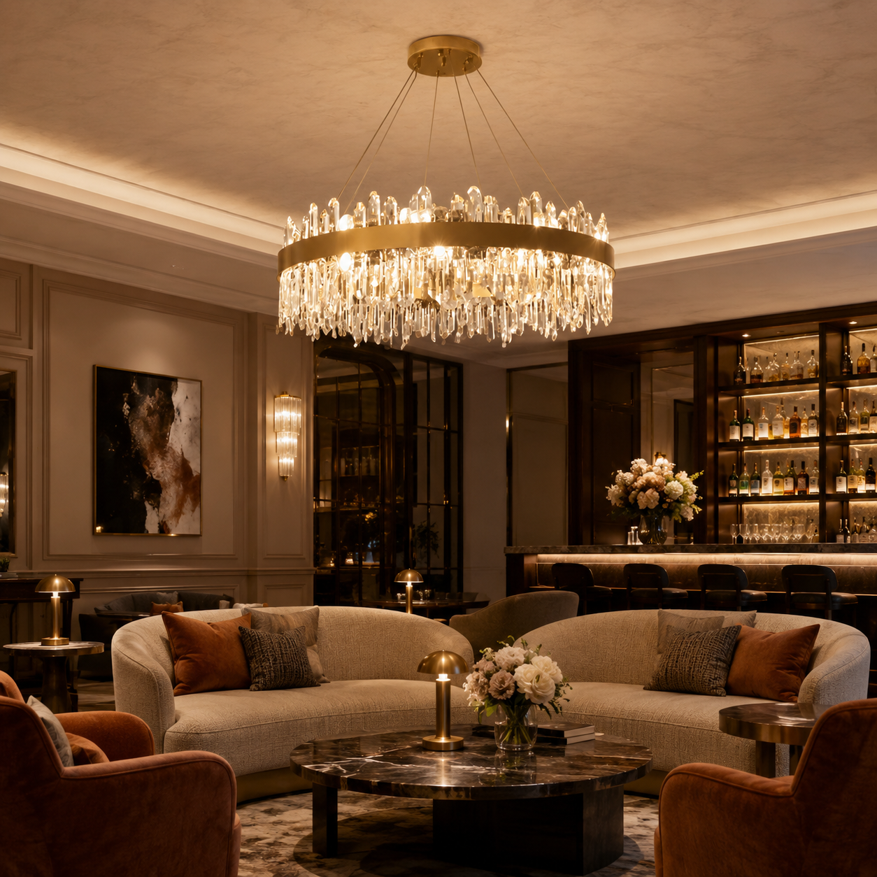 Lumiara kristallen cascade kroonluchter met koperen en gouden afwerking