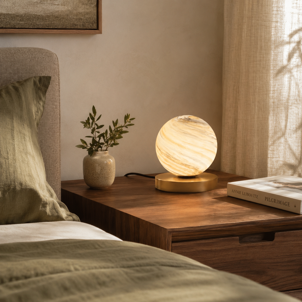 Lampada da tavolo Aurora in ottone con globo in vetro marmorizzato per un bagliore moderno e accogliente