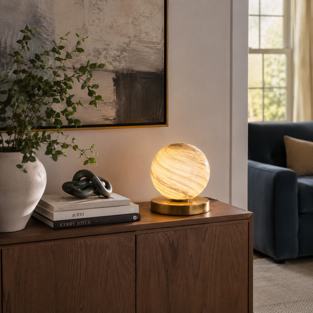 Lampada da tavolo Aurora in ottone con globo in vetro marmorizzato per un bagliore moderno e accogliente