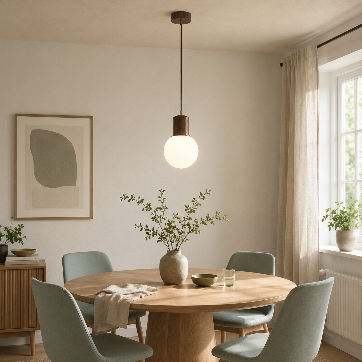 Lámpara colgante LumaWood Orb con soporte de madera para interiores escandinavos modernos