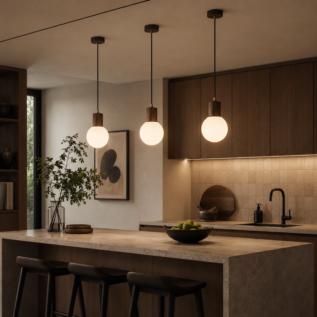 Lámpara colgante LumaWood Orb con soporte de madera para interiores escandinavos modernos