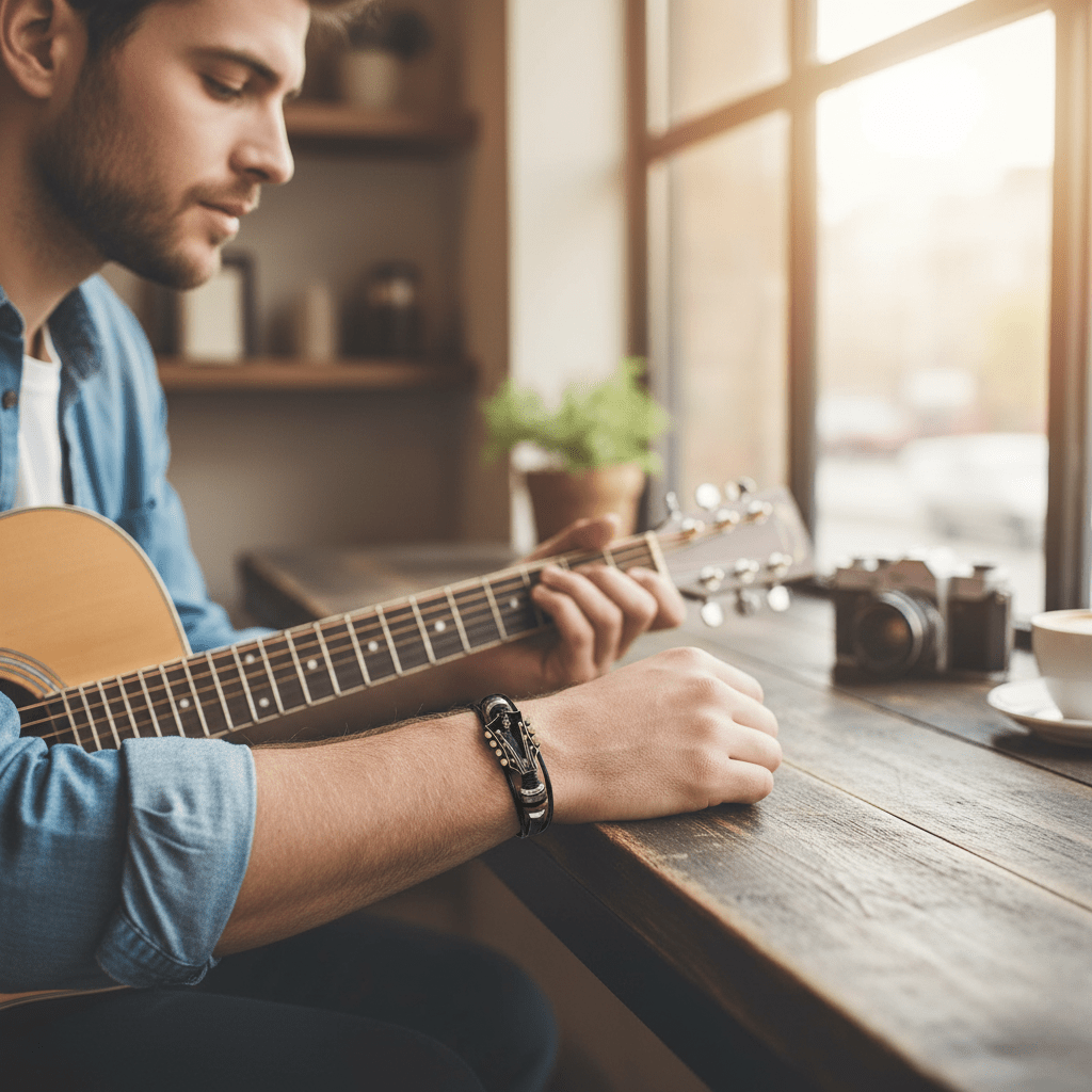 Leather Bracelet with Guitar-Inspired Design - Fioriscas
