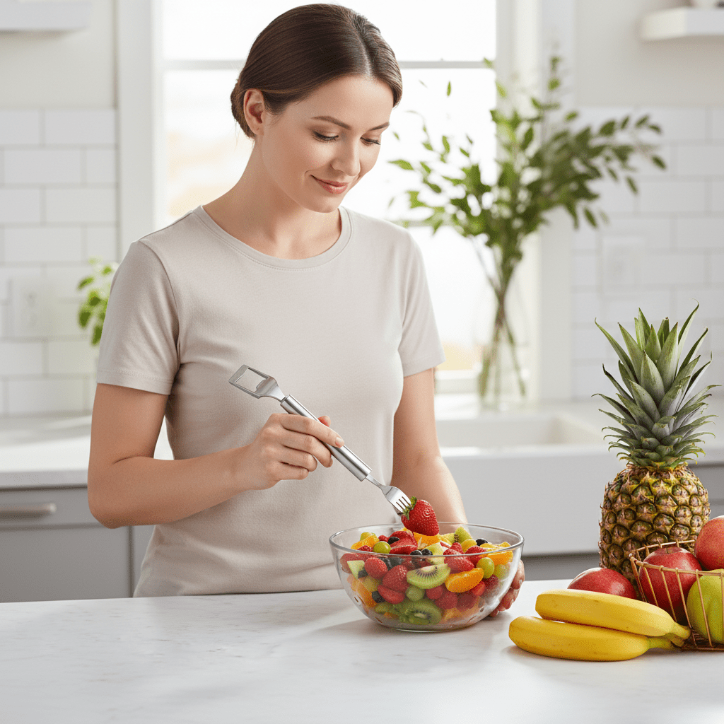 Coupe-fruits avec fourchette intégrée pour savourer rapidement un en-cas - Fioriscas