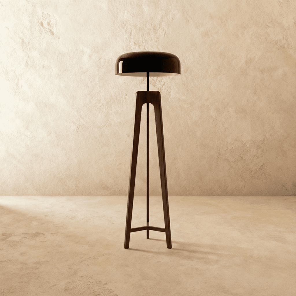 Emberwood modern trätripodlampa med svart akrylskärm