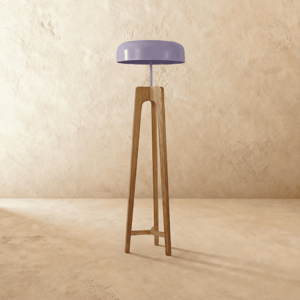 Emberwood modern trätripodlampa med svart akrylskärm