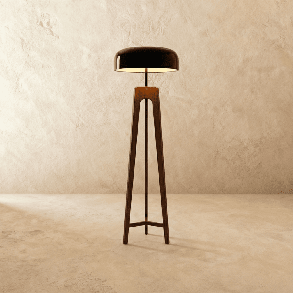 Emberwood modern trätripodlampa med svart akrylskärm