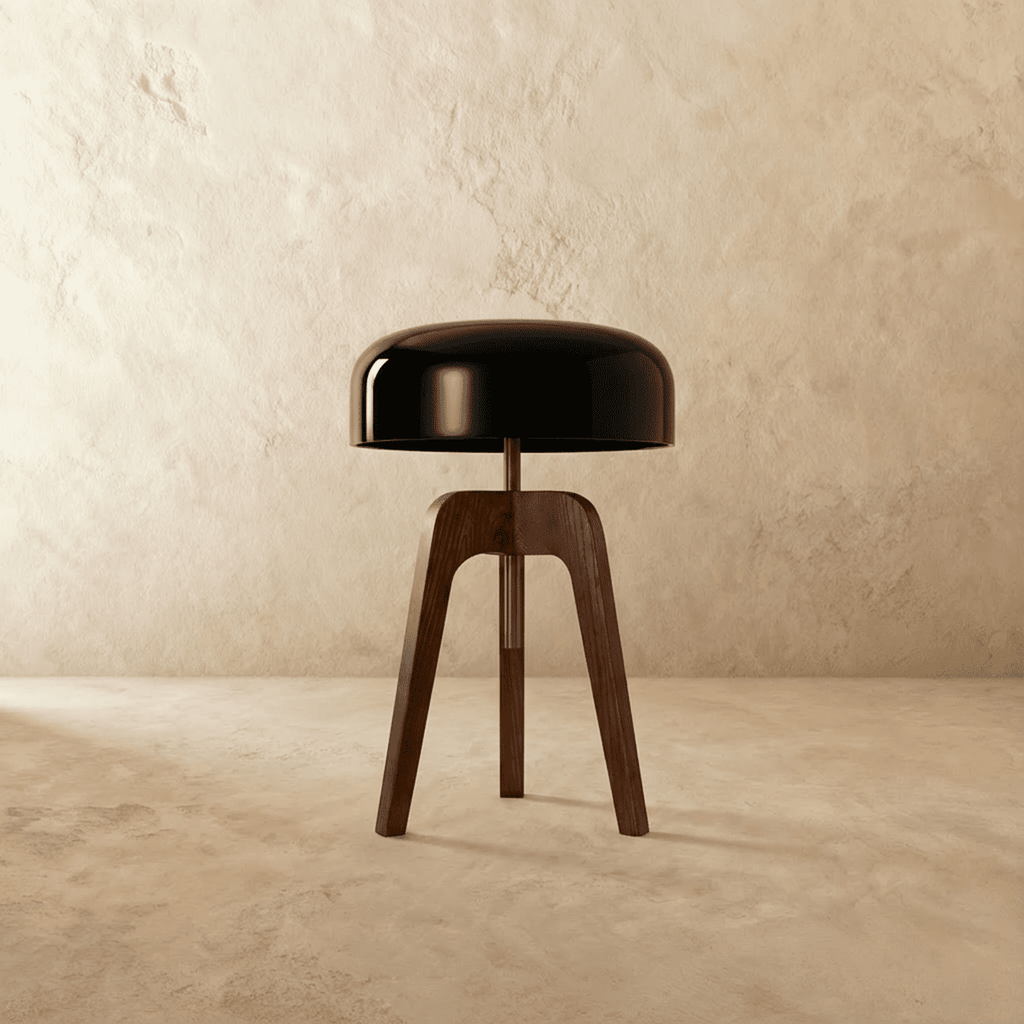 Emberwood modern trätripodlampa med svart akrylskärm