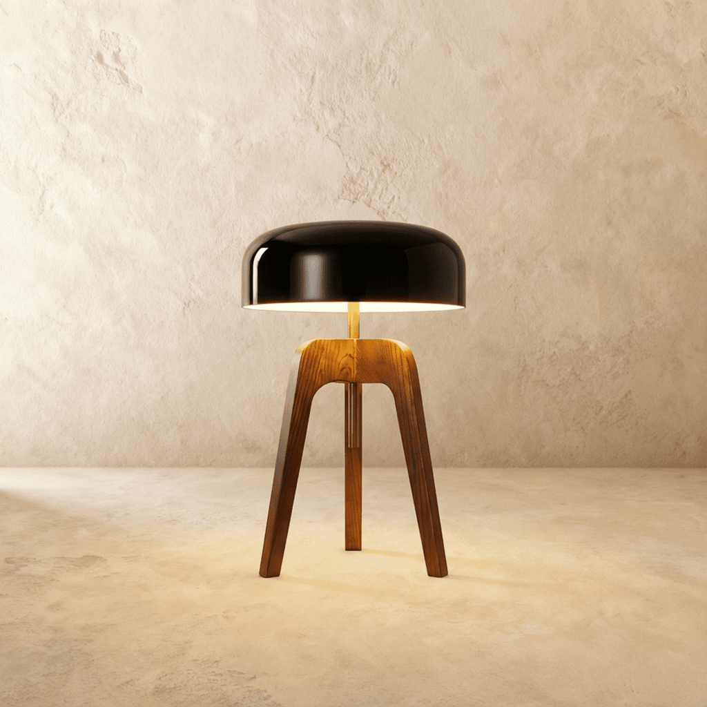 Emberwood modern trätripodlampa med svart akrylskärm