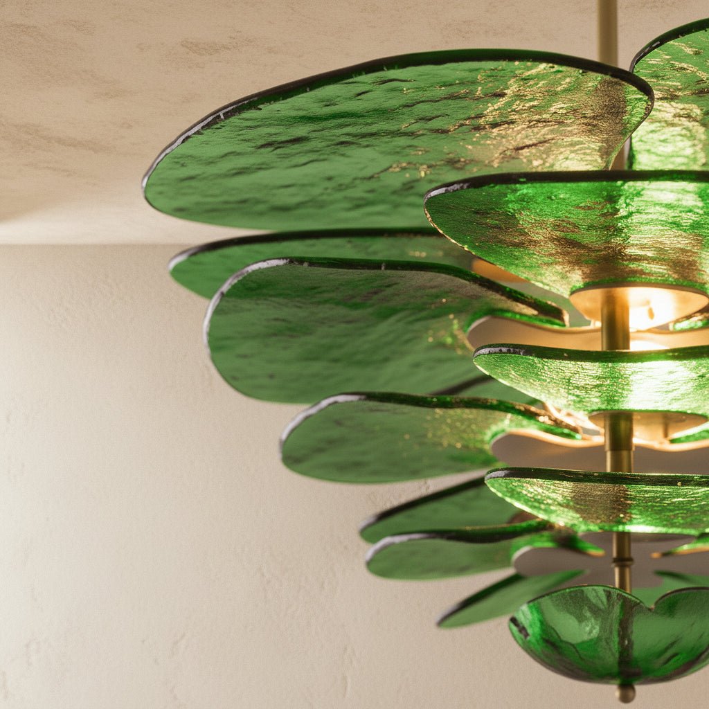 Elegantní smaragdový lustr Murano Petal se zlatými akcenty