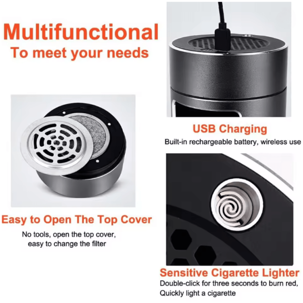 AEROCLEAN – Smart Smokeless Ashtray with Rechargeable Battery and HEPA Filter