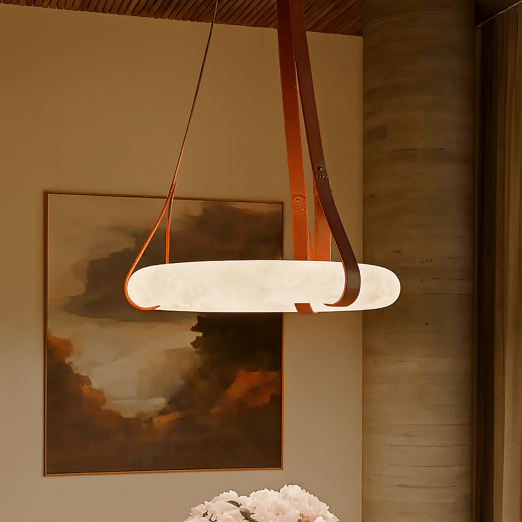 AuroraHalo Levitating Alabaster Pendant Light With Leather Straps