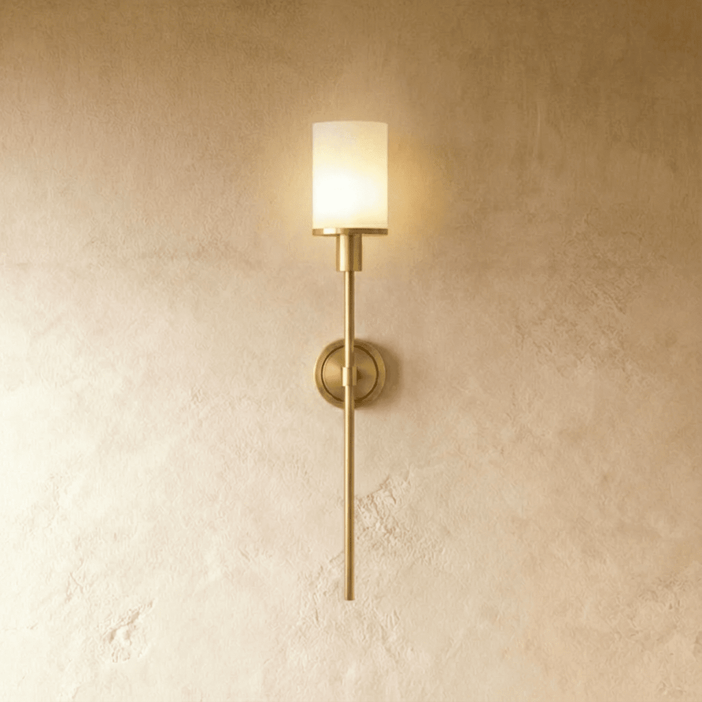 Elongated Alabaster Wall Lamp Featuring Brass Accents For Modern Interiors